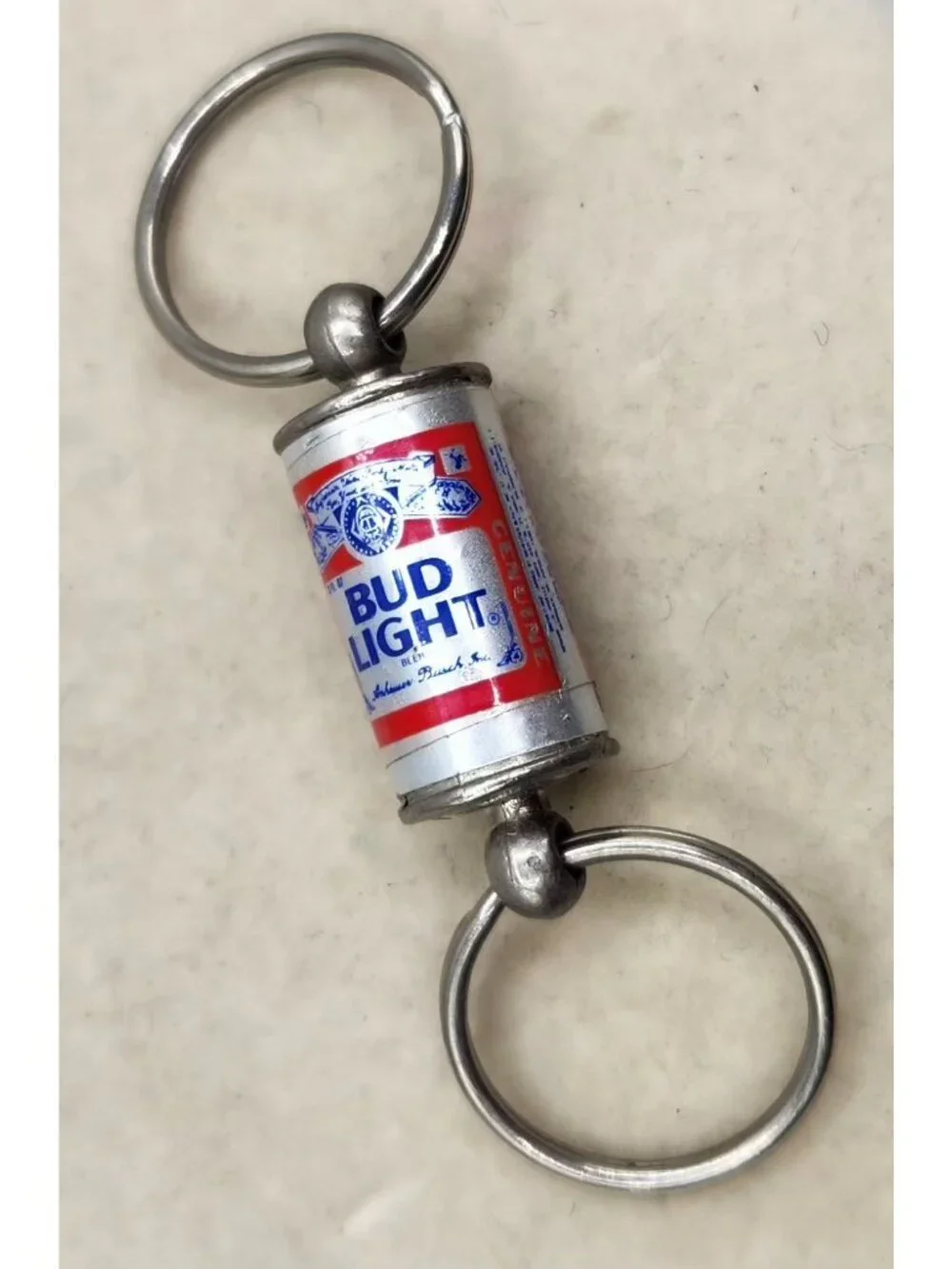 Bud Light Beer Can Keychain With Double Rings Vintage Novelty Silver-Tone Collec